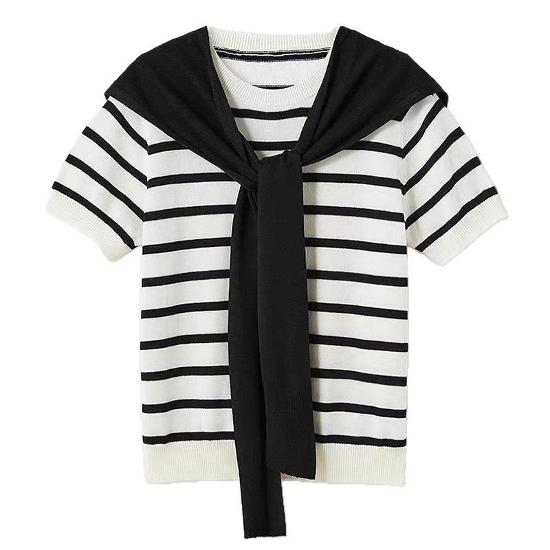 Women's Shawl Contrast Color Striped Short Sleeve Knitted - Image 5