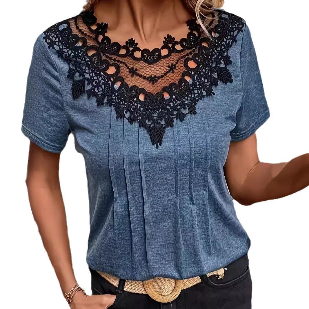 Women's Short-sleeved Lace Patchwork Ruffled Short-sleeved T-shirt - Image 5