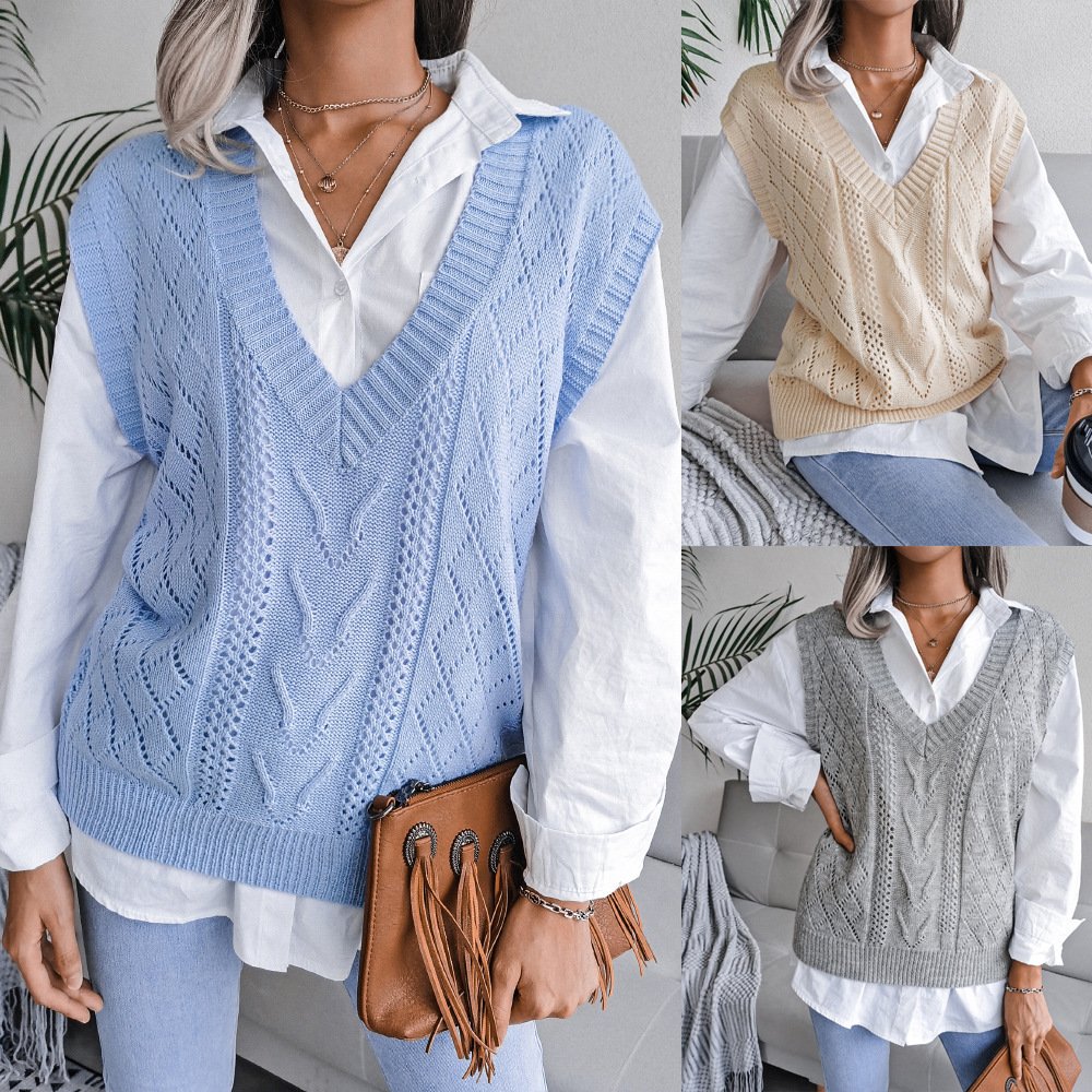 European And American Hollowed Out Twist V-neck Knitted Vest Sweater