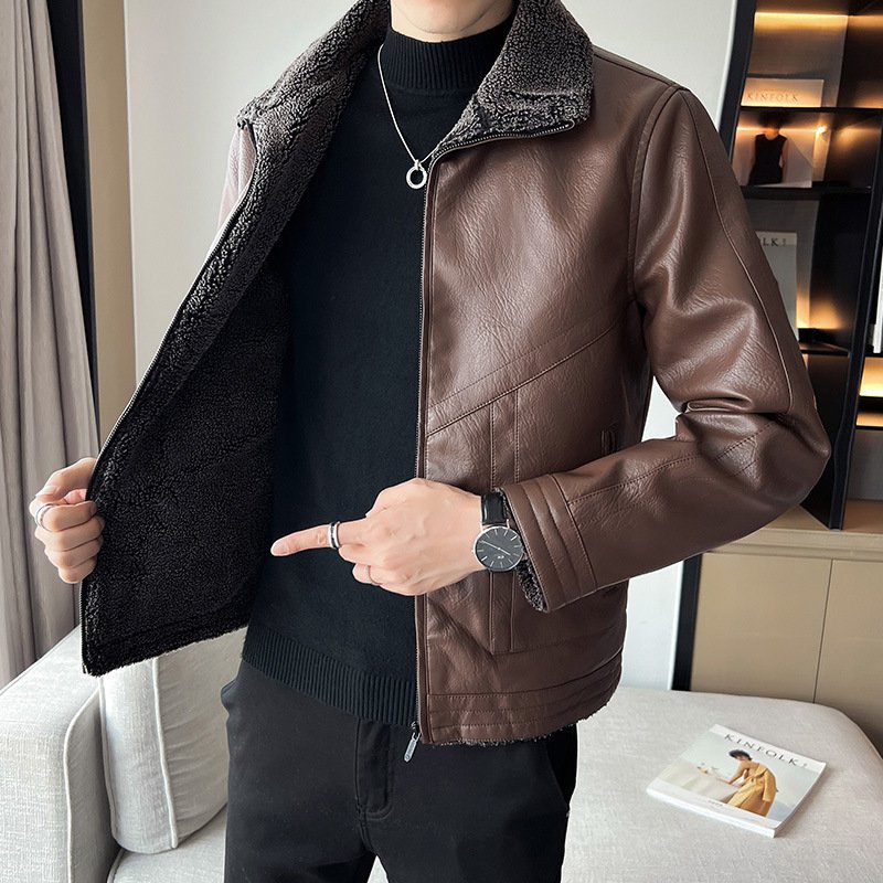 Hong Kong Style Velvet Padded Plus Size Men's Leather Jackets - Image 4