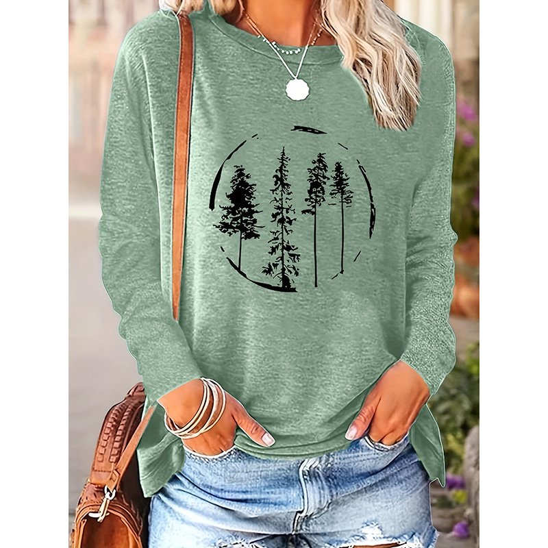 Women's Long Sleeve Merry Christmas T-Shirt, Cute Christmas Tree Graphic Tee, Funny Holiday Party Top - Image 3