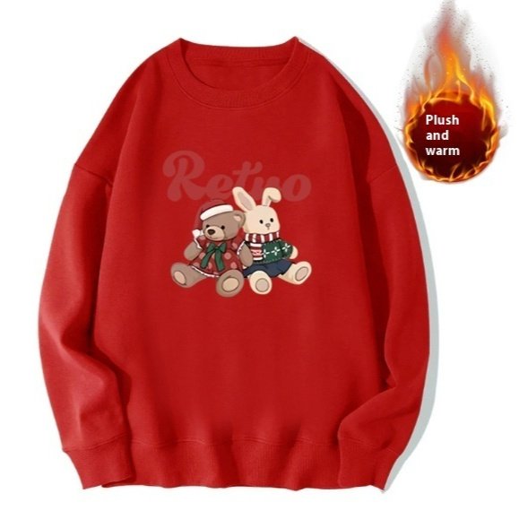 Red Sweater Christmas Fleece-lined Deer Round Neck Couple