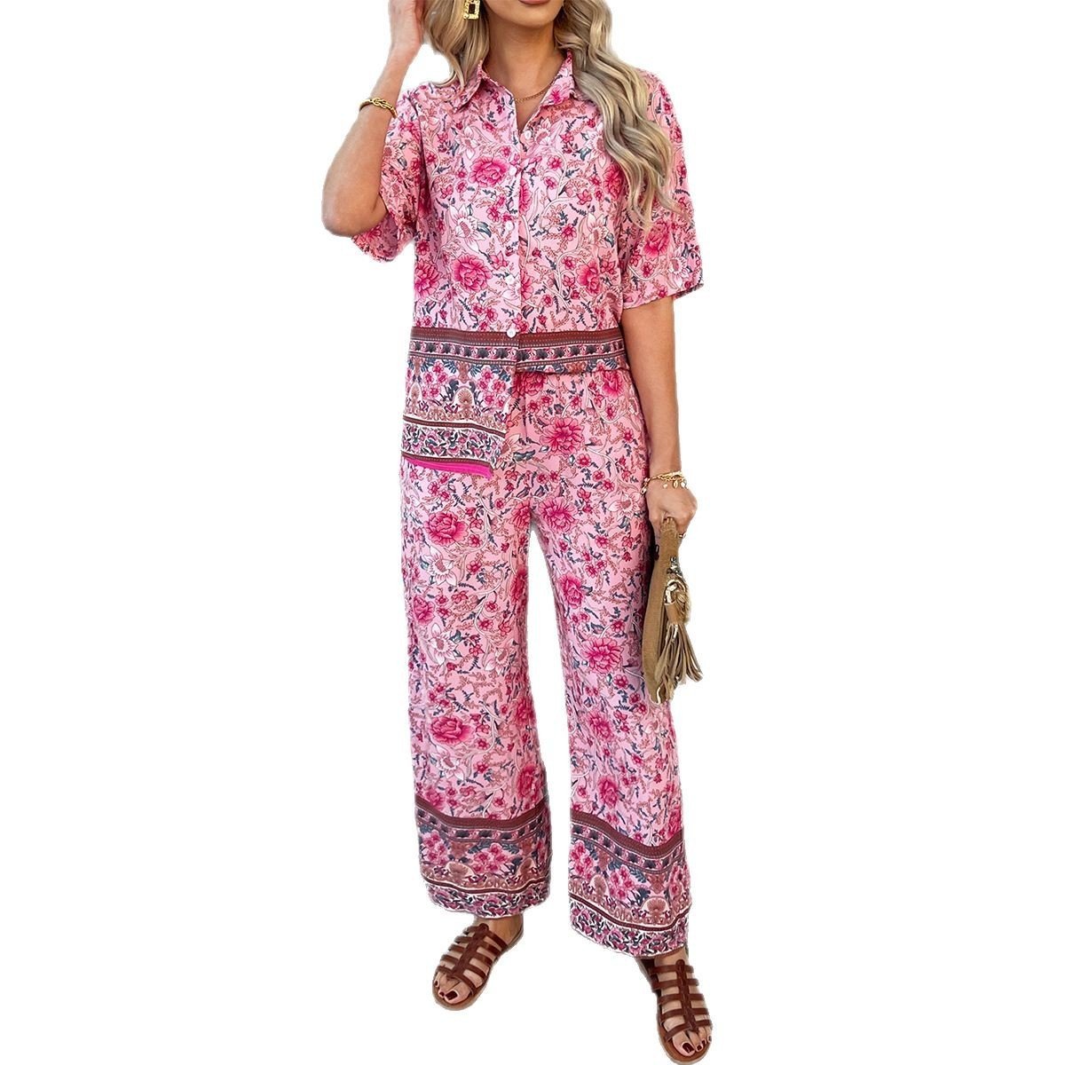 Contrast Color Bohemian Vacation Style Short Sleeve Long Pants - Image 5