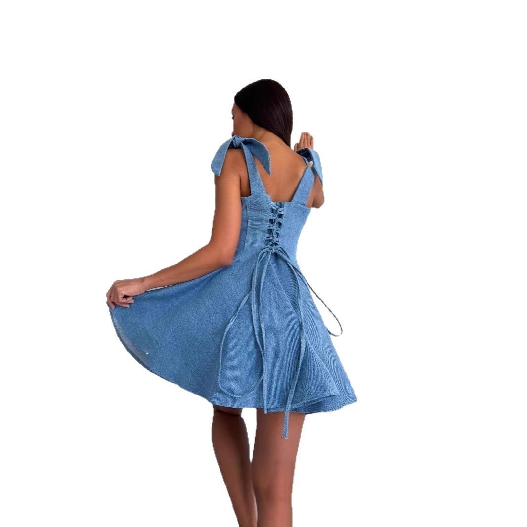 Fashion Hot Girl Square Collar Lace Up Fishbone Waist Dress - Image 5