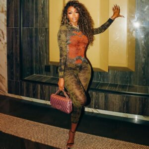 Women's Printed Sexy Mesh High Waist Slim-fit Zipper Long-sleeved Jumpsuit