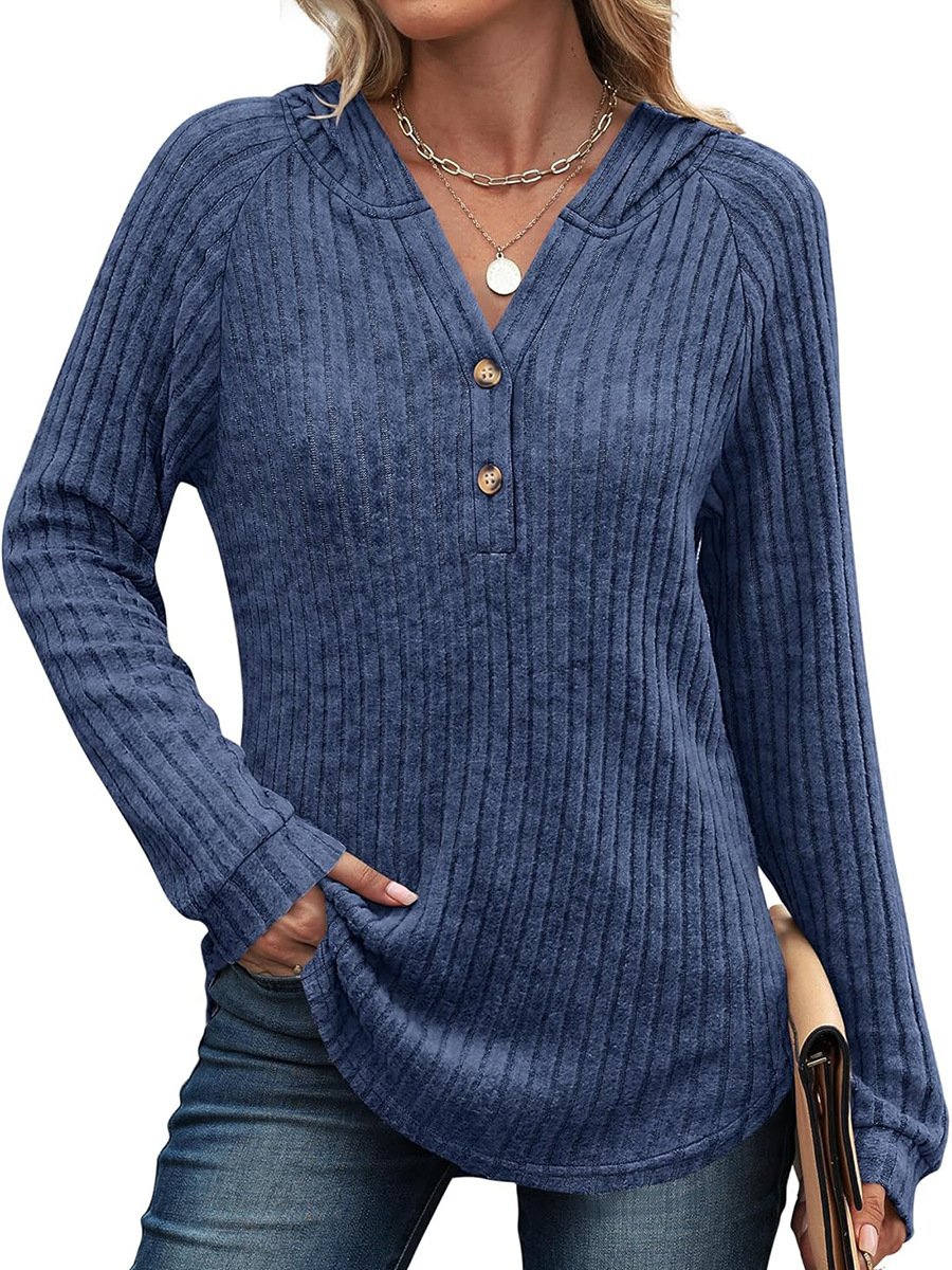 Solid Color And V-neck Button Loose Hooded Fleece Knitted Top - Image 10