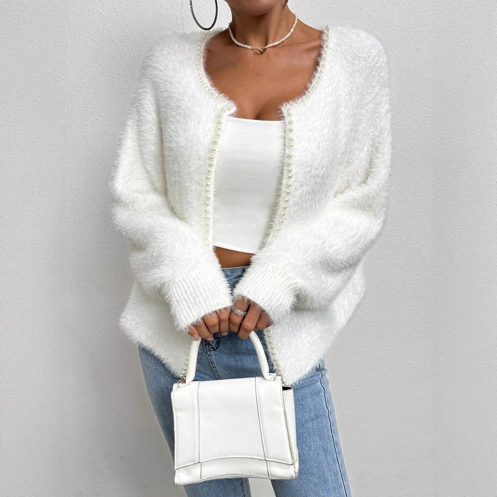 Women's Elegant Cardigan Sweater Solid Color And V-neck Fashion Bead Knitwear Coat - Image 2