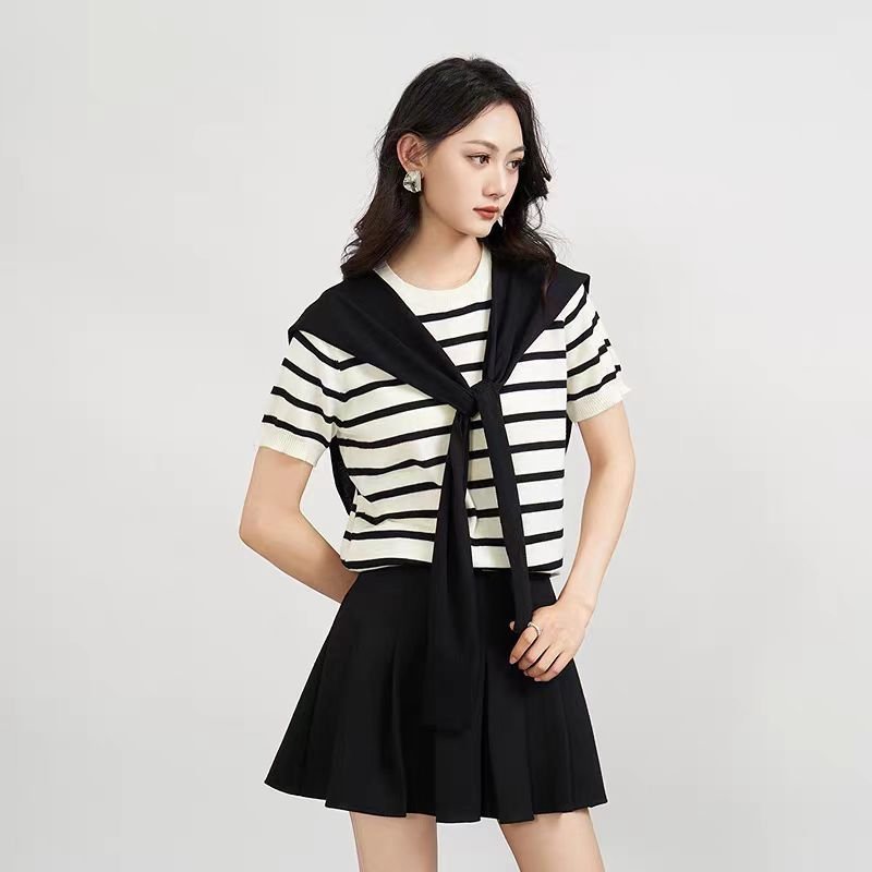 Women's Shawl Contrast Color Striped Short Sleeve Knitted - Image 8
