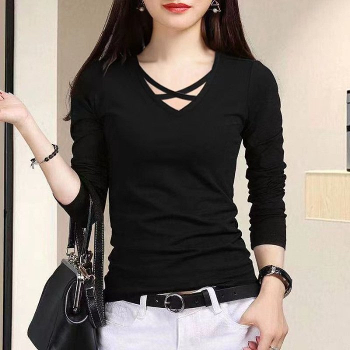 Spring And Autumn Long Sleeve Slim Fit Plus Size V-neck Cross Bottoming Shirt Top For Women - Image 6